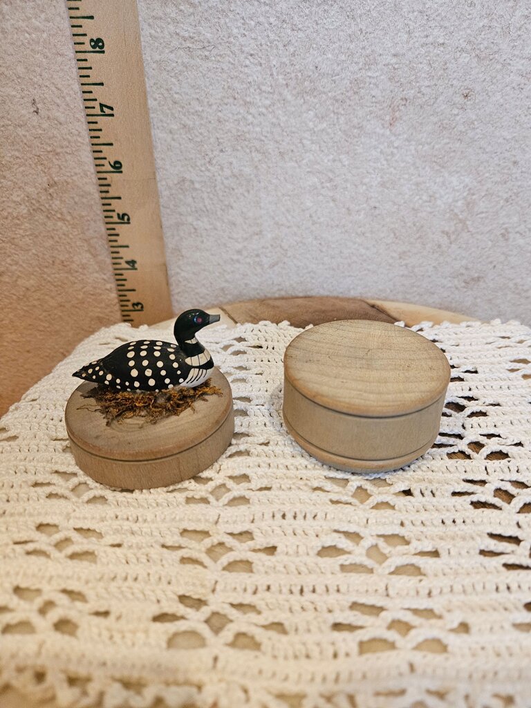 Handcrafted Wooden Common Loon Duck Figurine with Round Base trinket dish
