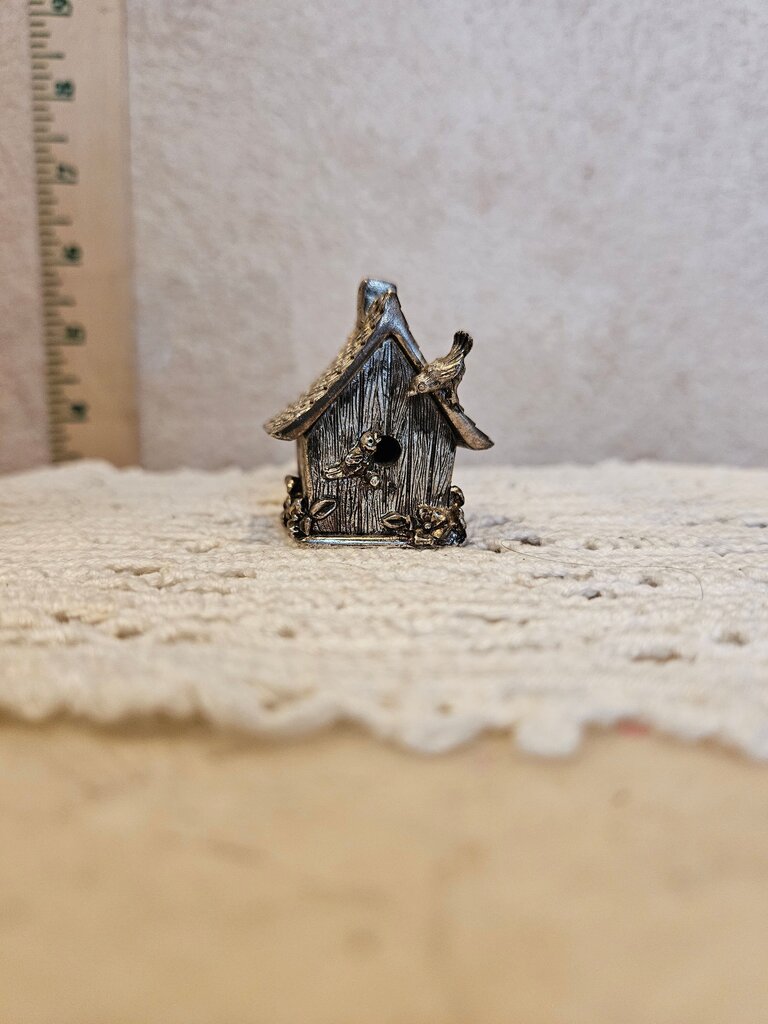 LUNT SILVERSMITHS VINTAGE PEWTER MINIATURE DINNER BELL BIRDHOUSE METALWARE USA