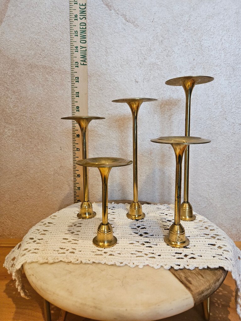 5 set Vintage Brass Taper Graduated Tulip Style Candlestick Holders MCM Mid Century Decor MadeIn Taiwan