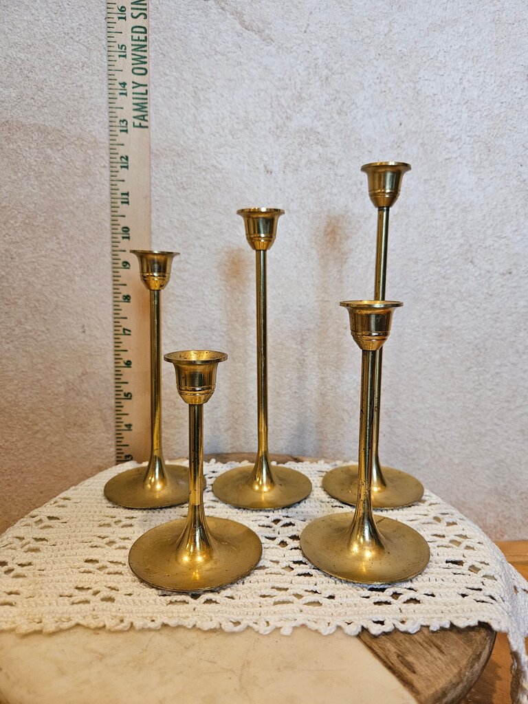 5 set Vintage Brass Taper Graduated Tulip Style Candlestick Holders MCM Mid Century Decor MadeIn Taiwan