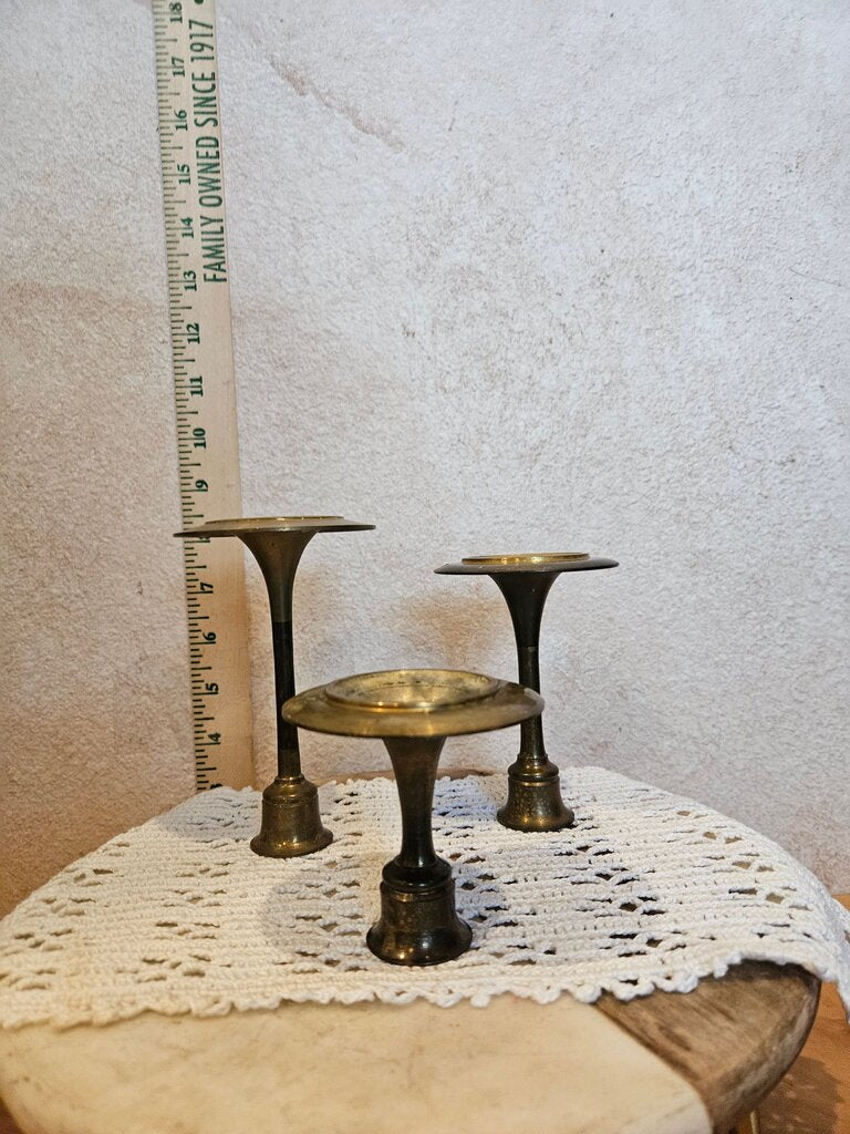 Set Of 3 Vintage Minimalist Retro Brass Graduated Taper Candlestick Holders