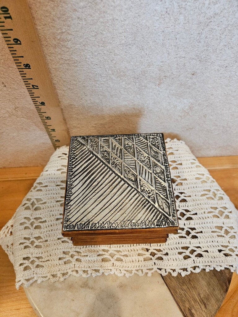 Vintage Embossed Metal Hinged Lid Wood Trinket Desk Jewelry Cigar Box Vintage Lined Hinged