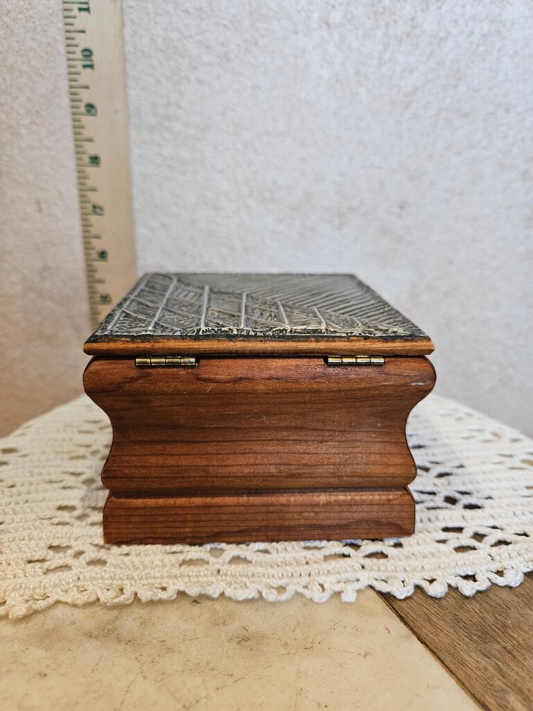 Vintage Embossed Metal Hinged Lid Wood Trinket Desk Jewelry Cigar Box Vintage Lined Hinged