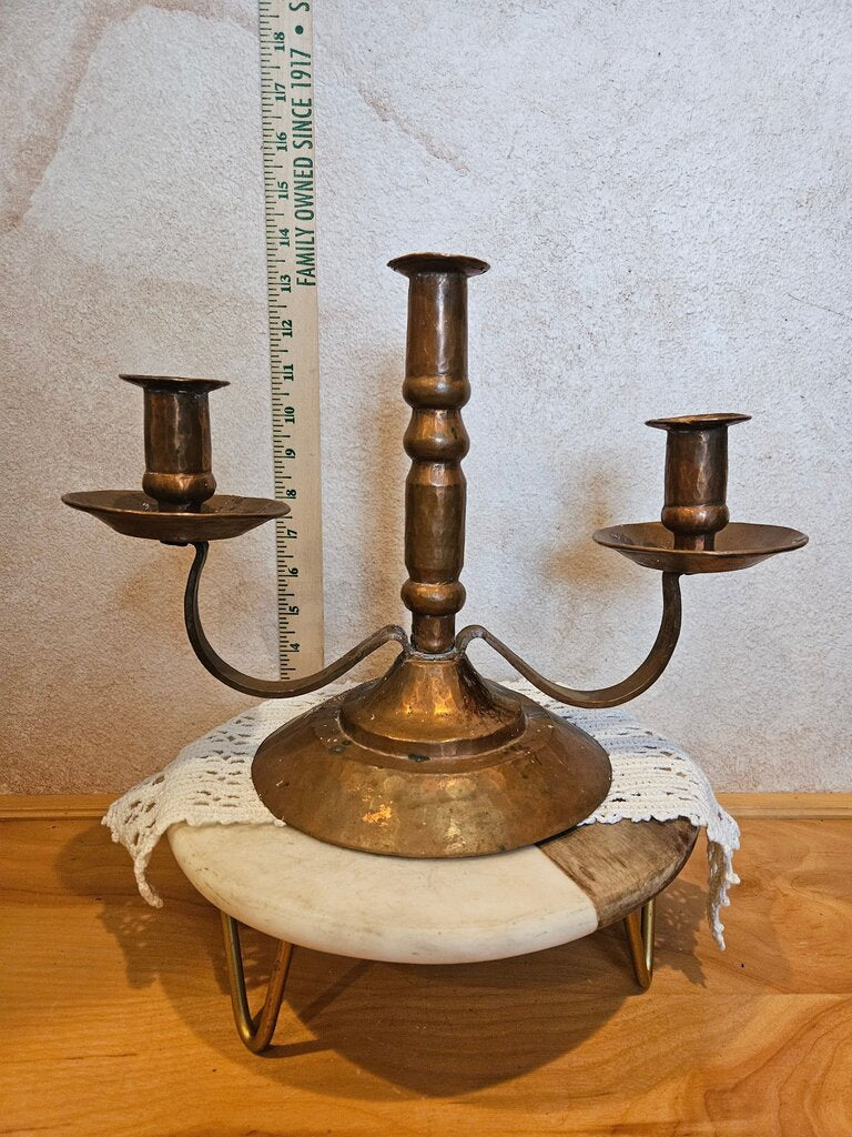 Vintage Hammered French Copper triple Candelabra Candleholder Primitive Craftsman Artisan Mid Century