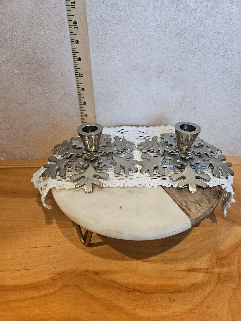 Vintage set of CRATE & BARREL Polished Silver Tone Metal Snowflake Candle Holders Made in India
