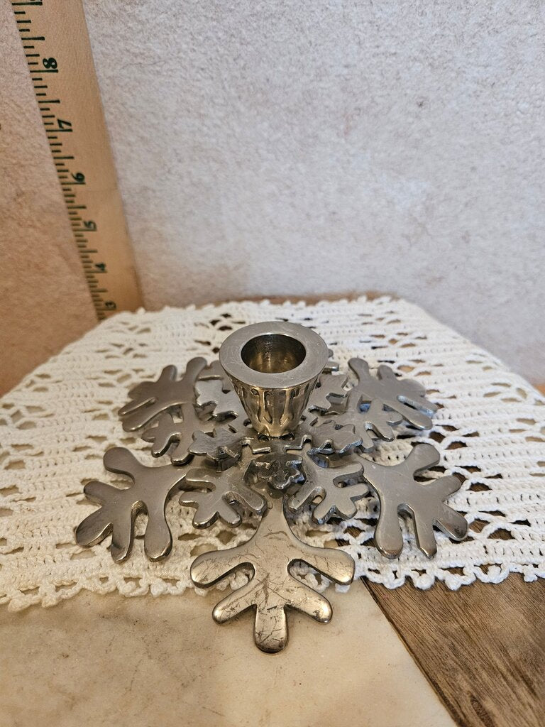 Vintage set of CRATE & BARREL Polished Silver Tone Metal Snowflake Candle Holders Made in India