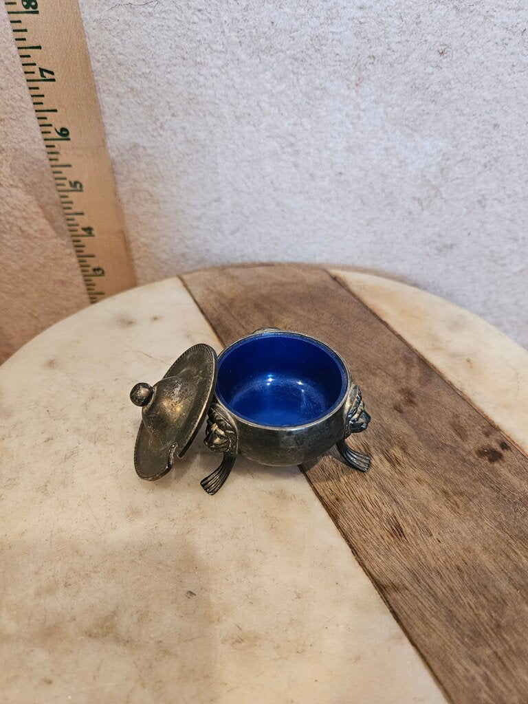 Vintage Victorian Style lidded Salt Cellar lion headed Claw Foot w blue cobalt inside