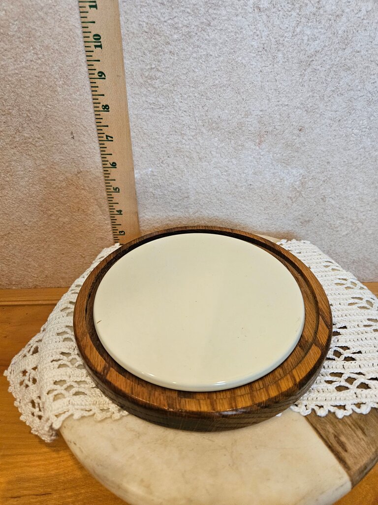 Wooden Round cheese platter with ceramic Center serving tray cloche base hard to find