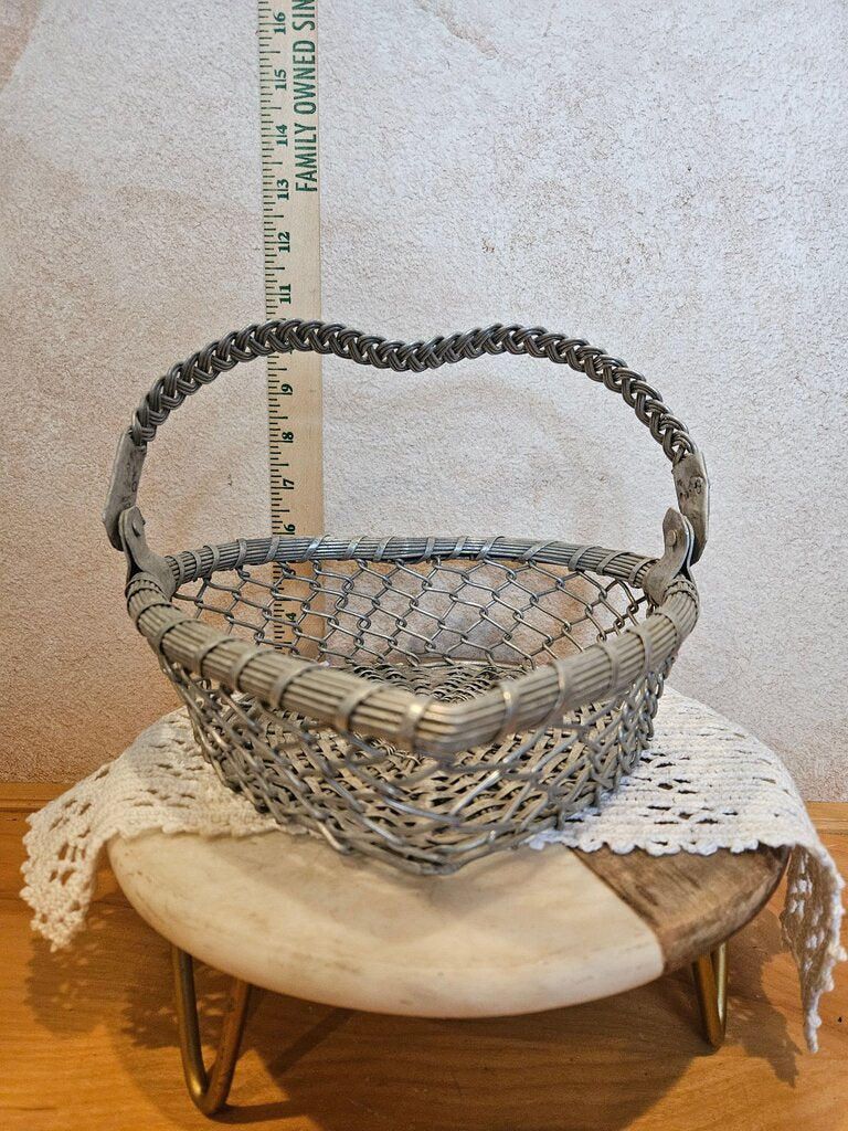 Vintage Metal Heart Shape Wire Basket Industrial Folk Art