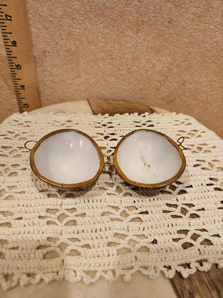Vintage Cowrie Shell Egg Thimble Holder Seashell Purse. Brass Frame w hinged Latch Coin Purse wedding, vanity bling