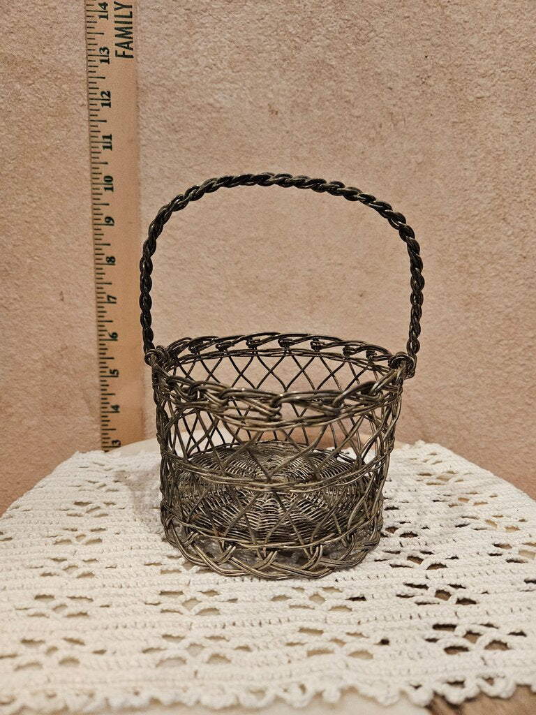 Vintage woven silver metal basket, small collection basket, showcase item