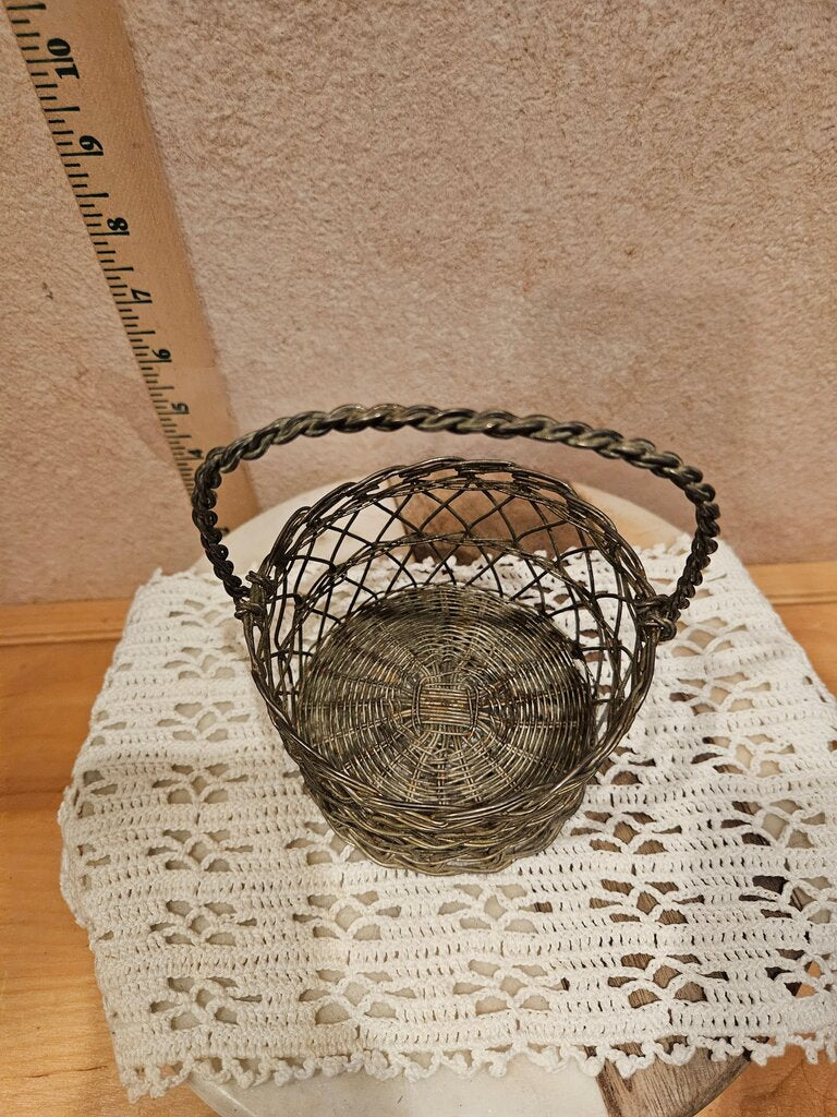 Vintage woven silver metal basket, small collection basket, showcase item