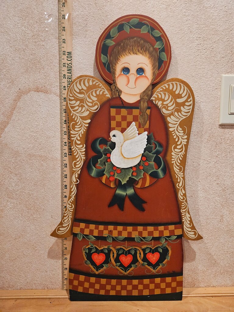 Vintage Folk Art LARGE Handpainted Vintage Wood Wooden Angel Xmas Christmas