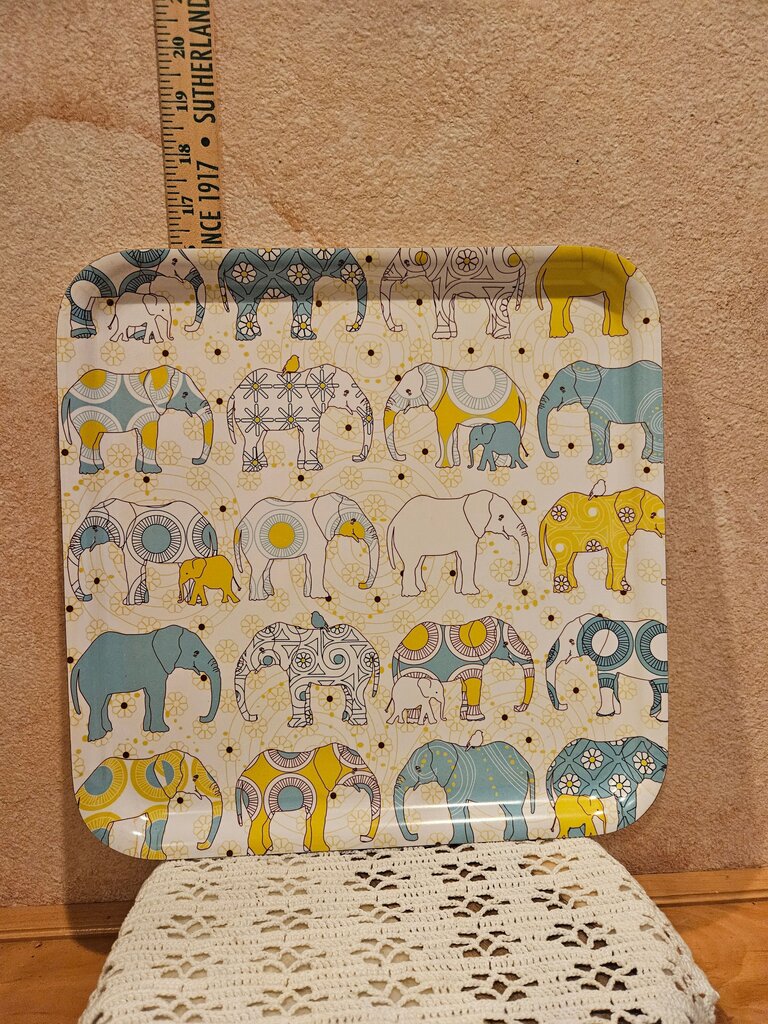Collectable BUSIG Elephant Psychedelic Serving Tray Blue Green & White Elephants Melamine Tray Made in Turkey Boho Elephant Tray Blue Green White Yellow Bohemian Decor Adorable