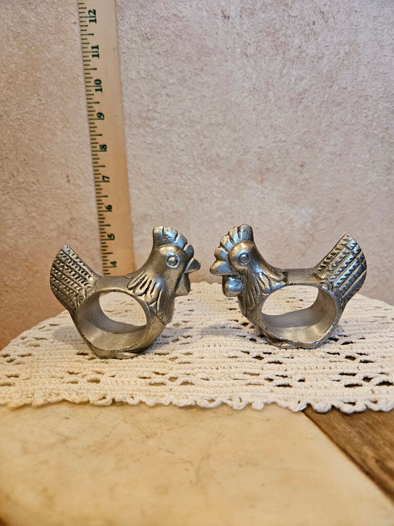 Vintage Pewter Chicken Napkin Rings Set Of 3
