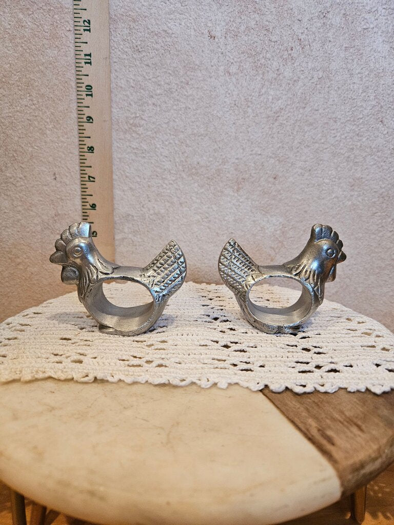 Vintage Pewter Chicken Napkin Rings Set Of 3