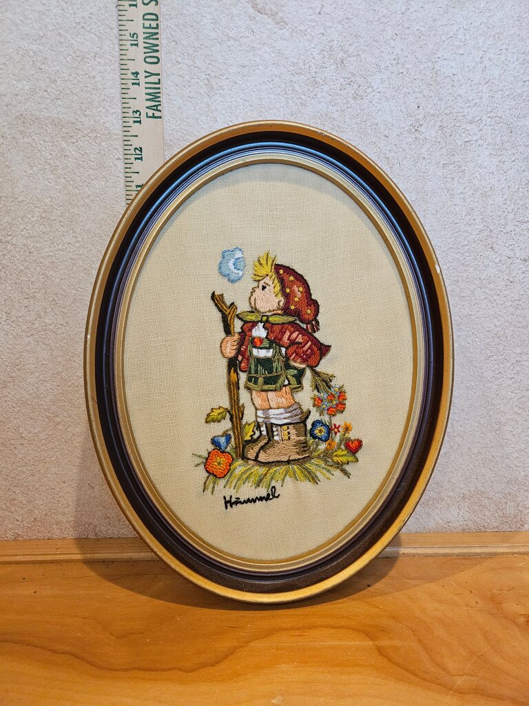 Vintage Crewel Hummel Needlepoint Framed Crewel Hiking Boy 13”x10” Oval Framed