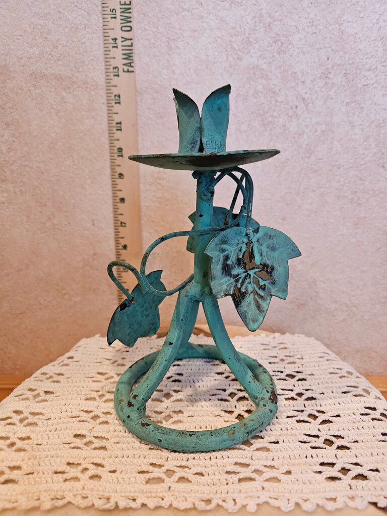Vintage Candle holder Wrought Iron w Green Patina w Pea Shoot Vines