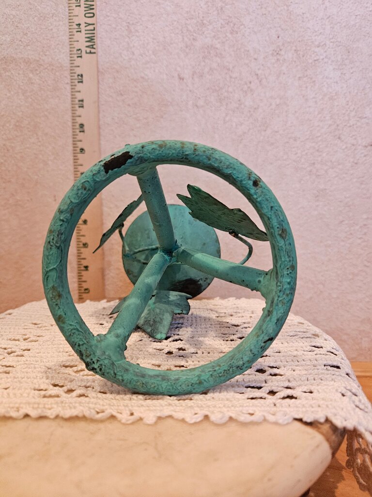 Vintage Candle holder Wrought Iron w Green Patina w Pea Shoot Vines