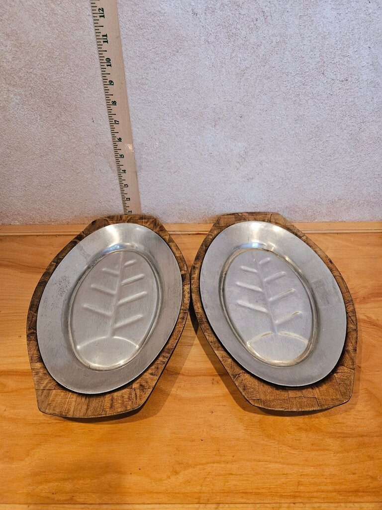 Pair of Vintage MCM Weavewood checkerboard design w Aluminum Insert Vintage Meat Serving Tray.