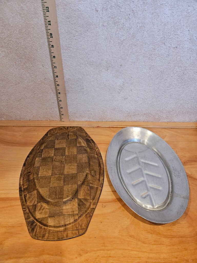 Pair of Vintage MCM Weavewood checkerboard design w Aluminum Insert Vintage Meat Serving Tray.