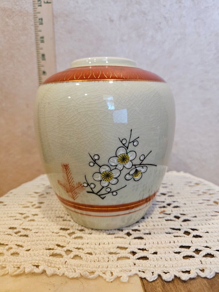 Vintage Ginger Jar Crazed White Flowers Bamboo Japan PORCELAIN KUTANI Pottery Ware Floral Hand Painted Vase