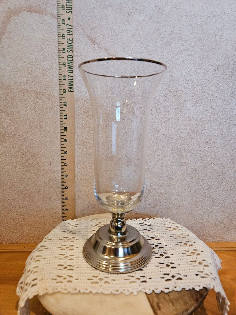 Vintage Silver Rimmed Hurricane glass candle holder