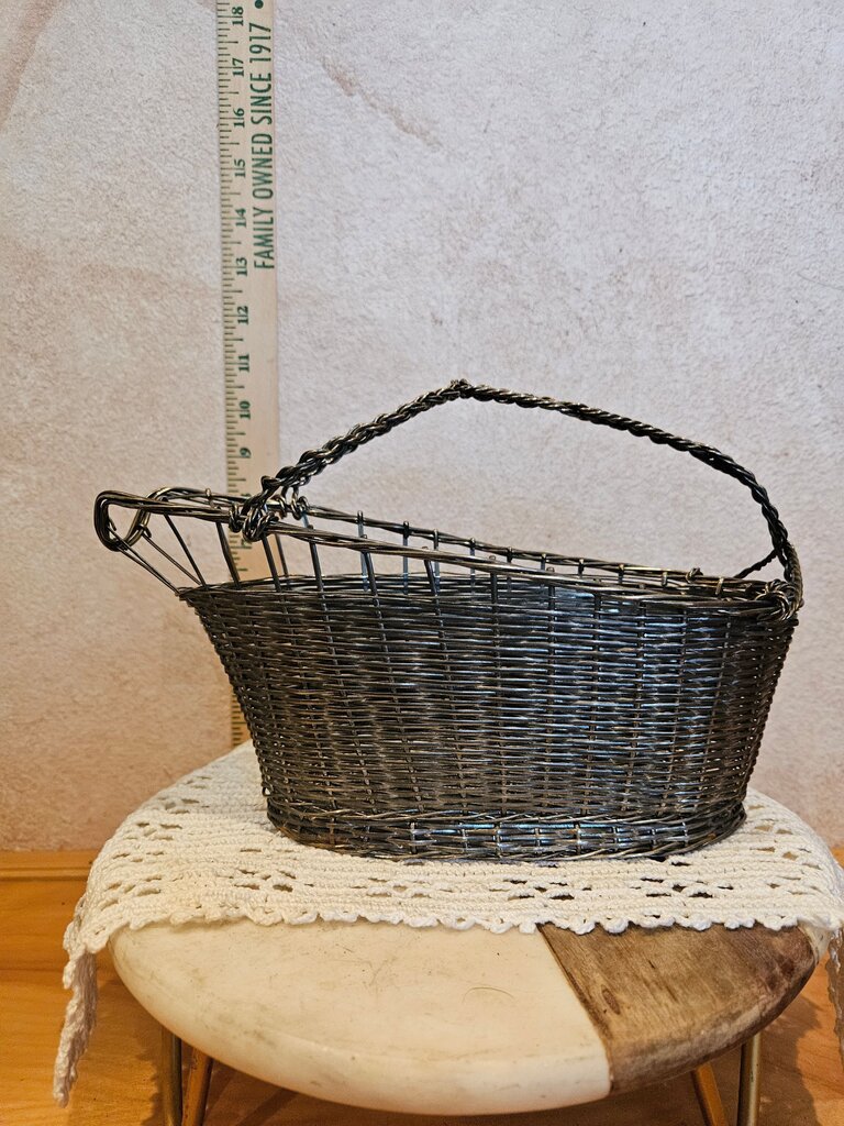 French vintage woven ‘silver’ wire wine bottle holder/basket, c1940s.