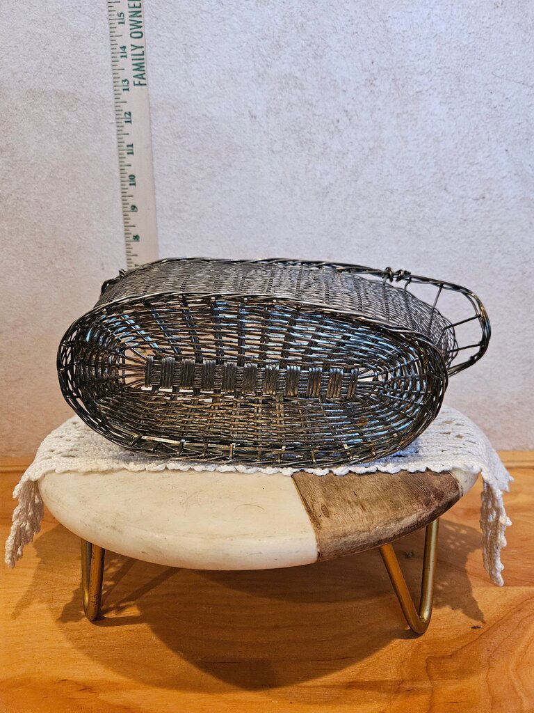 French vintage woven ‘silver’ wire wine bottle holder/basket, c1940s.