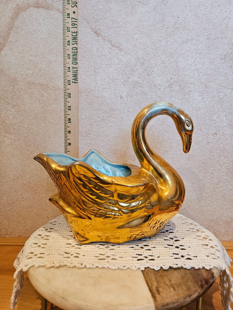 Vintage Fultons Mid Century Modern Swan Ceramic Gold Aqua Bowl Trinket Dish plant pot holder