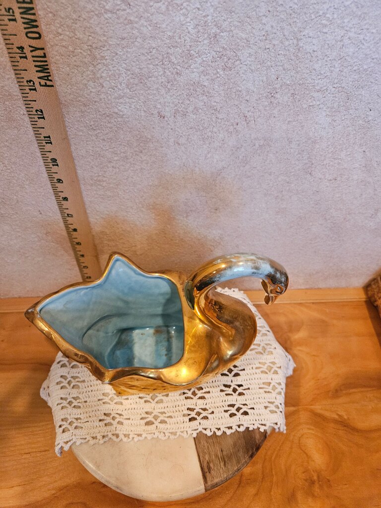 Vintage Fultons Mid Century Modern Swan Ceramic Gold Aqua Bowl Trinket Dish plant pot holder