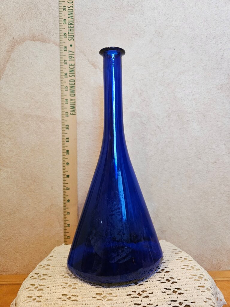 Vintage Cobalt Blue Unusual Funnel Glass Bottle Single Flower Bud Vase