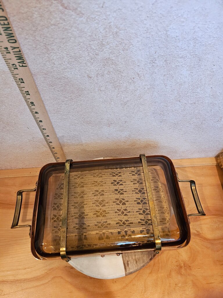 Vintage Swedish NILSJOHAN casserole tray / copper & brass stand / PYREX glass oven baking dish / mid-century 70s / display / serving tray