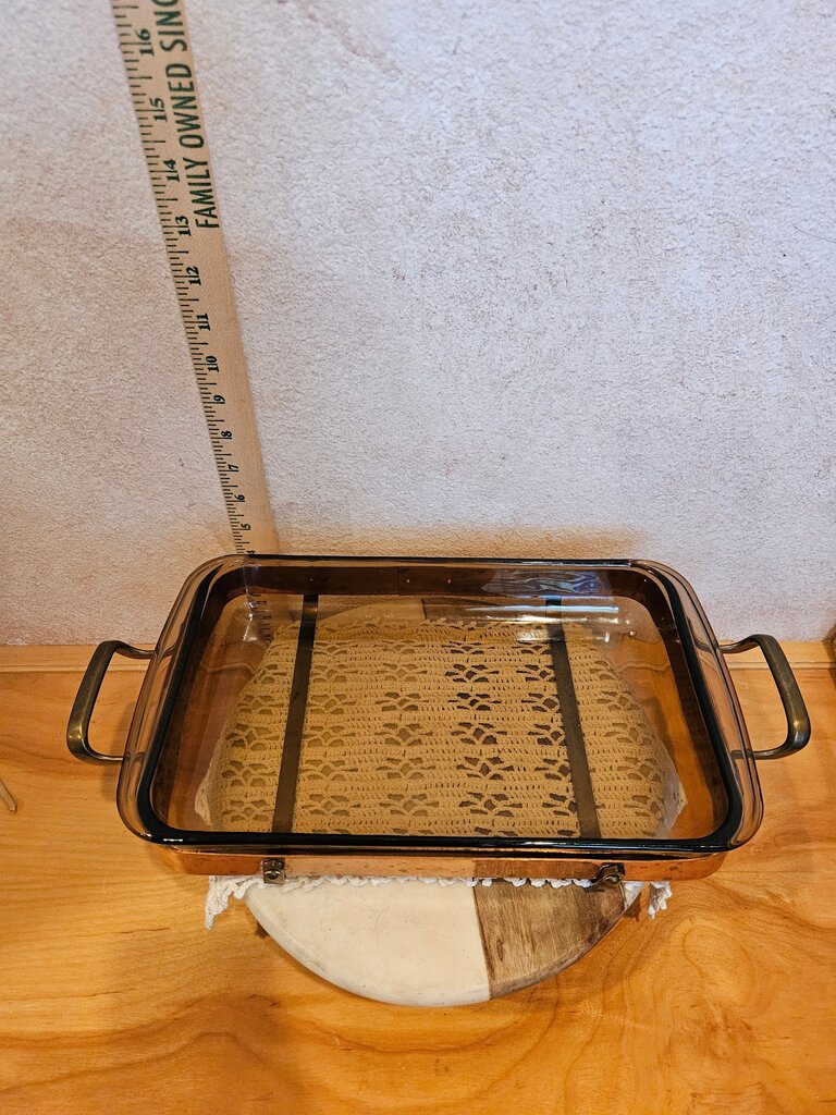 Vintage Swedish NILSJOHAN casserole tray / copper & brass stand / PYREX glass oven baking dish / mid-century 70s / display / serving tray