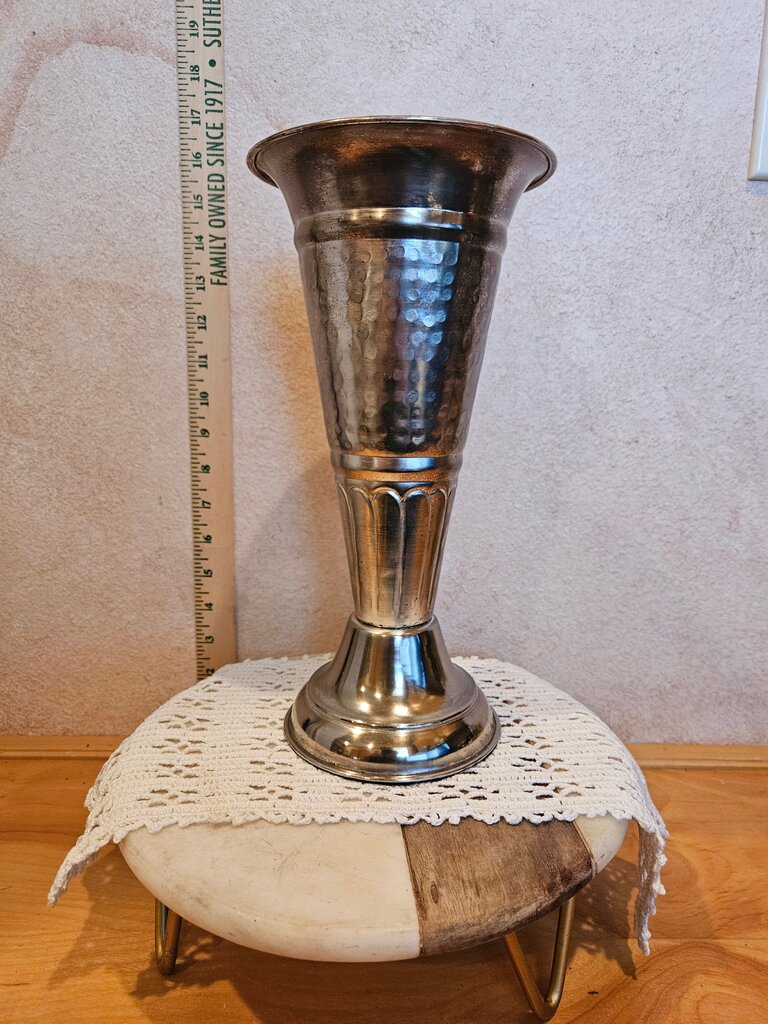 Vintage Hammered & Fluted 11" Silver Metal Vases Maderazzo Italy Trumpet shape
