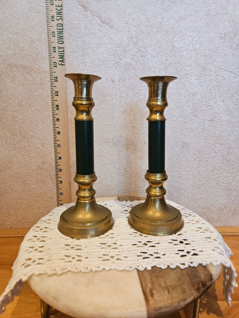 MCM Brass pillar spindle candlesticks/distressed/tarnished metal vintage candle holders/set of 2