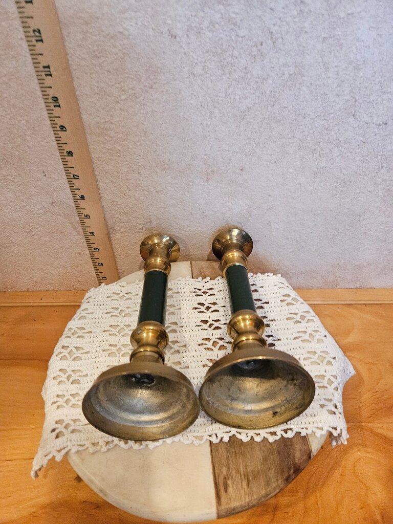 MCM Brass pillar spindle candlesticks/distressed/tarnished metal vintage candle holders/set of 2