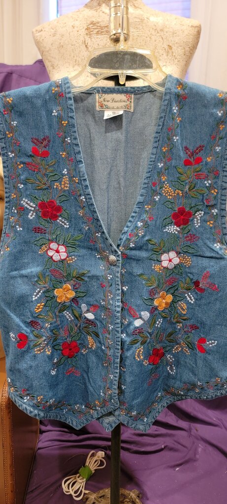 New Directions Floral Embroidered Denim Vest