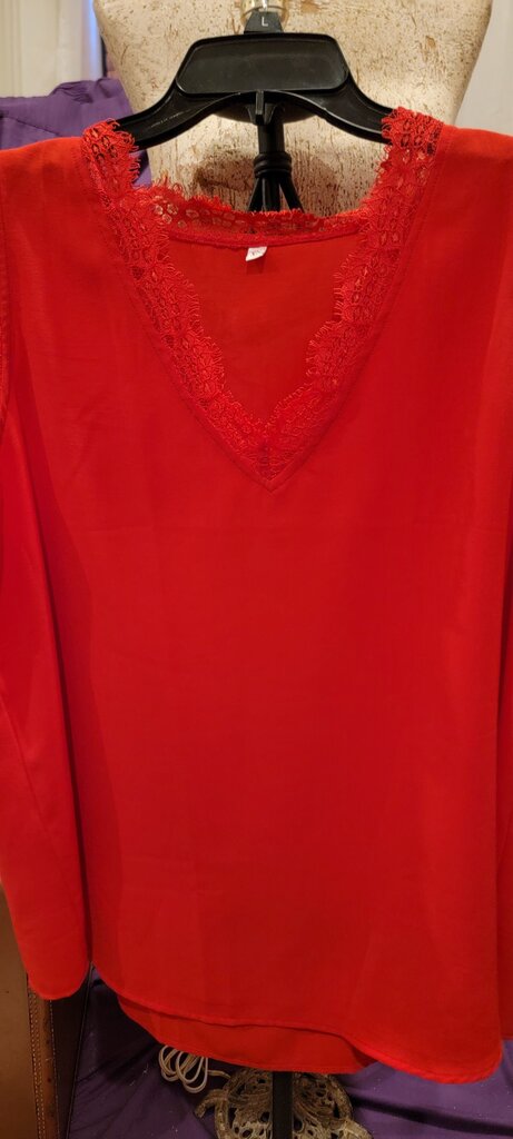 Red V-Neck Top with Lace Trim