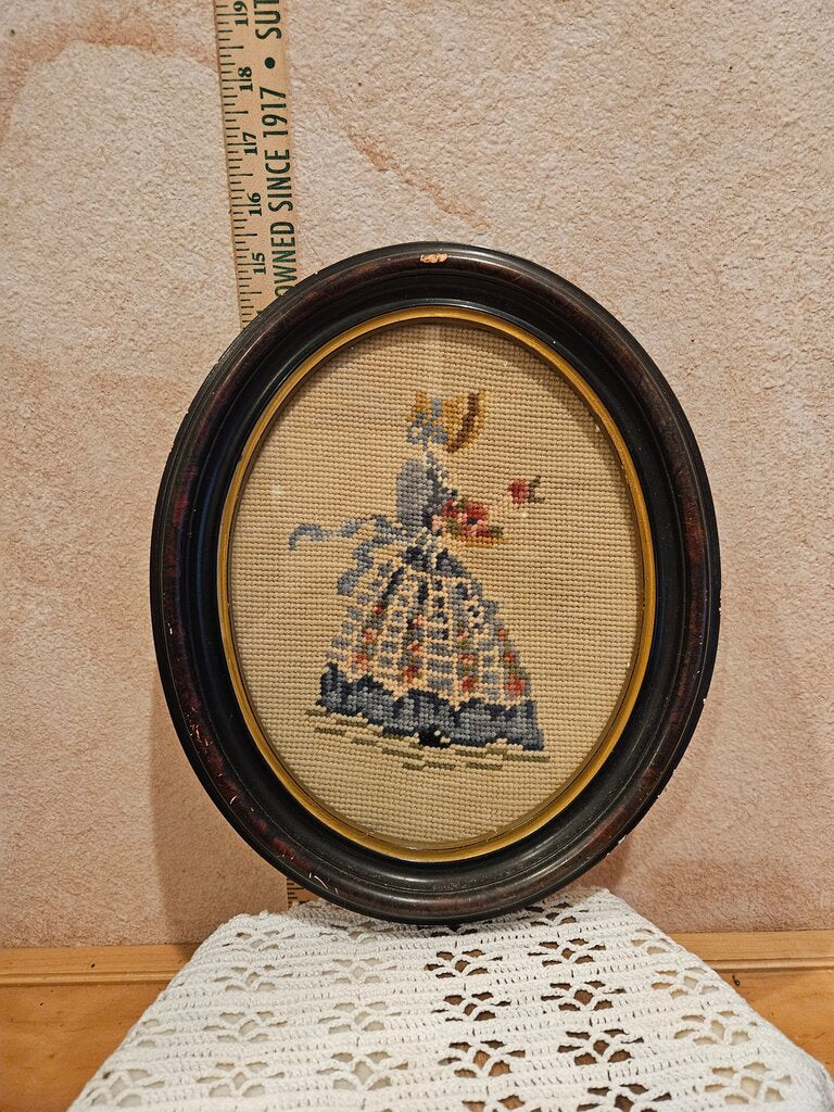 Vintage Pantique Girl In Dress Needlepoint Oval Glass Frame Antiqued Finish