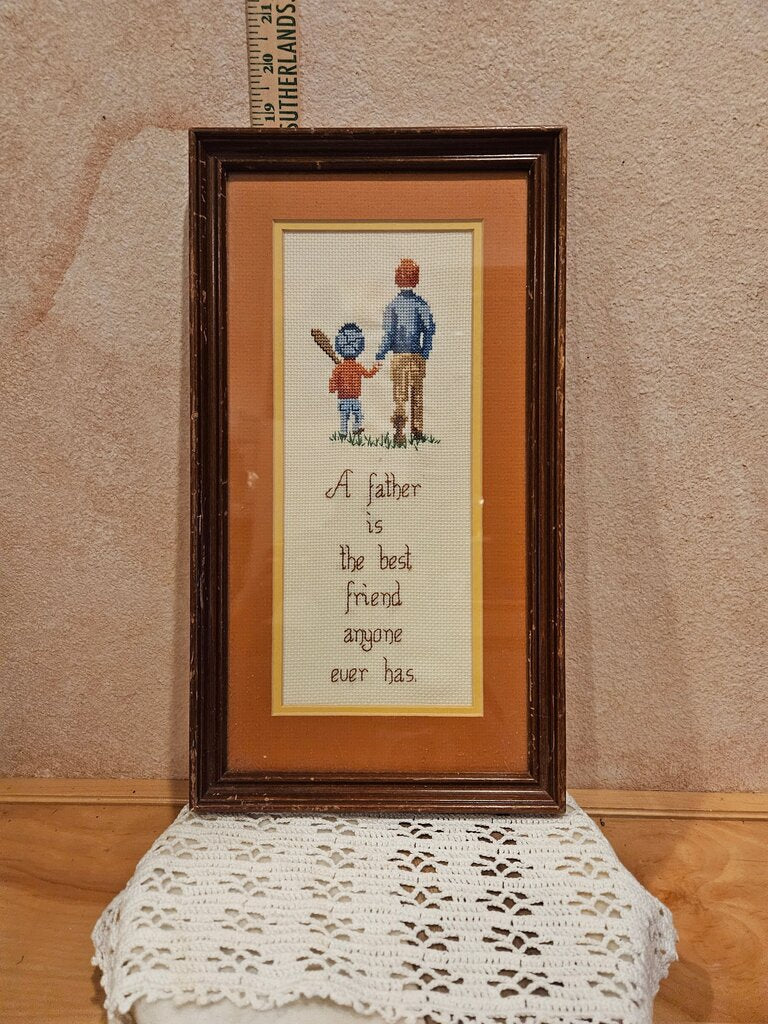 Embroidered child and father picture, cross-stitch mounted, matted & framed