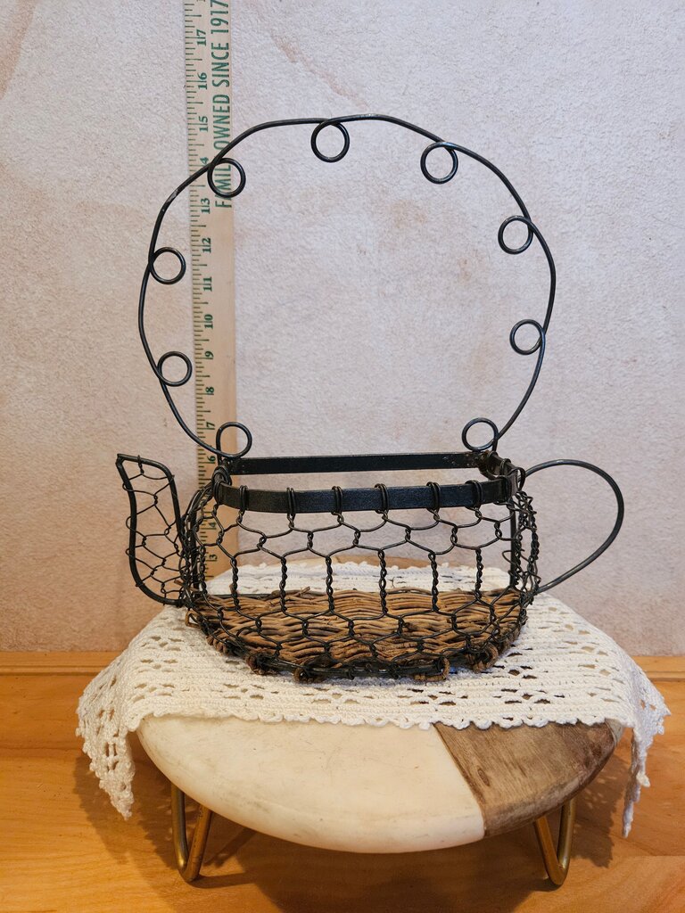 Vintage Wire Fruit Basket Teapot Hanging Scroll Loop Arm w Rustic Charm