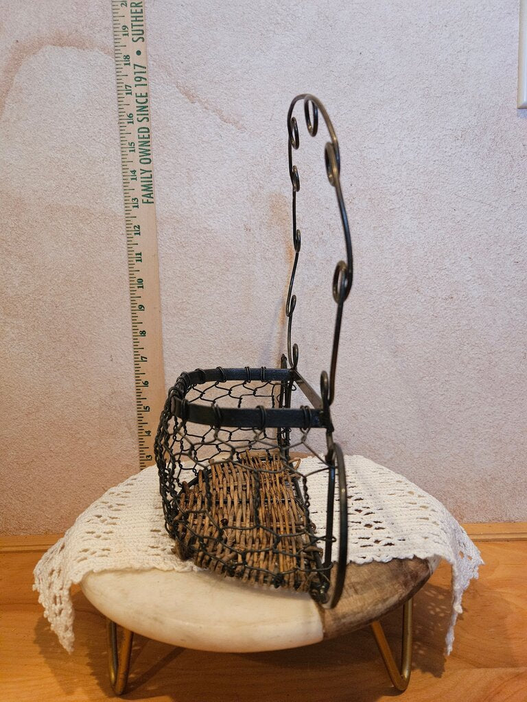 Vintage Wire Fruit Basket Teapot Hanging Scroll Loop Arm w Rustic Charm