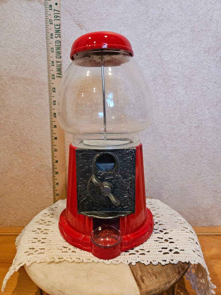 Vintage Gumball Machine Red Counter Top Made In Taiwan Metal Base Glass