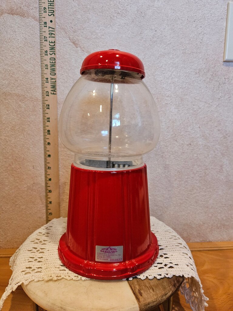 Vintage Gumball Machine Red Counter Top Made In Taiwan Metal Base Glass
