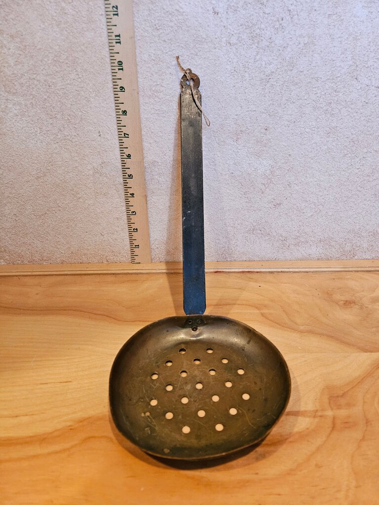 Vintage Primitive Brass Metal Long Handle Kitchen Strainer, soup pot stirrer