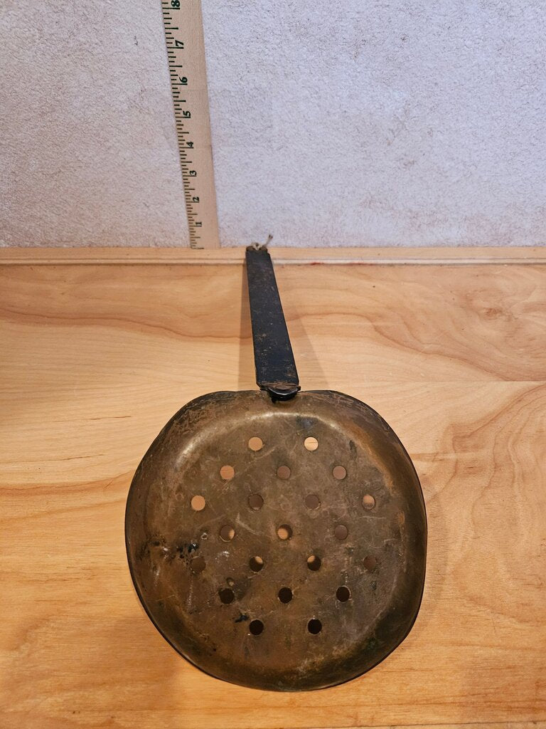 Vintage Primitive Brass Metal Long Handle Kitchen Strainer, soup pot stirrer