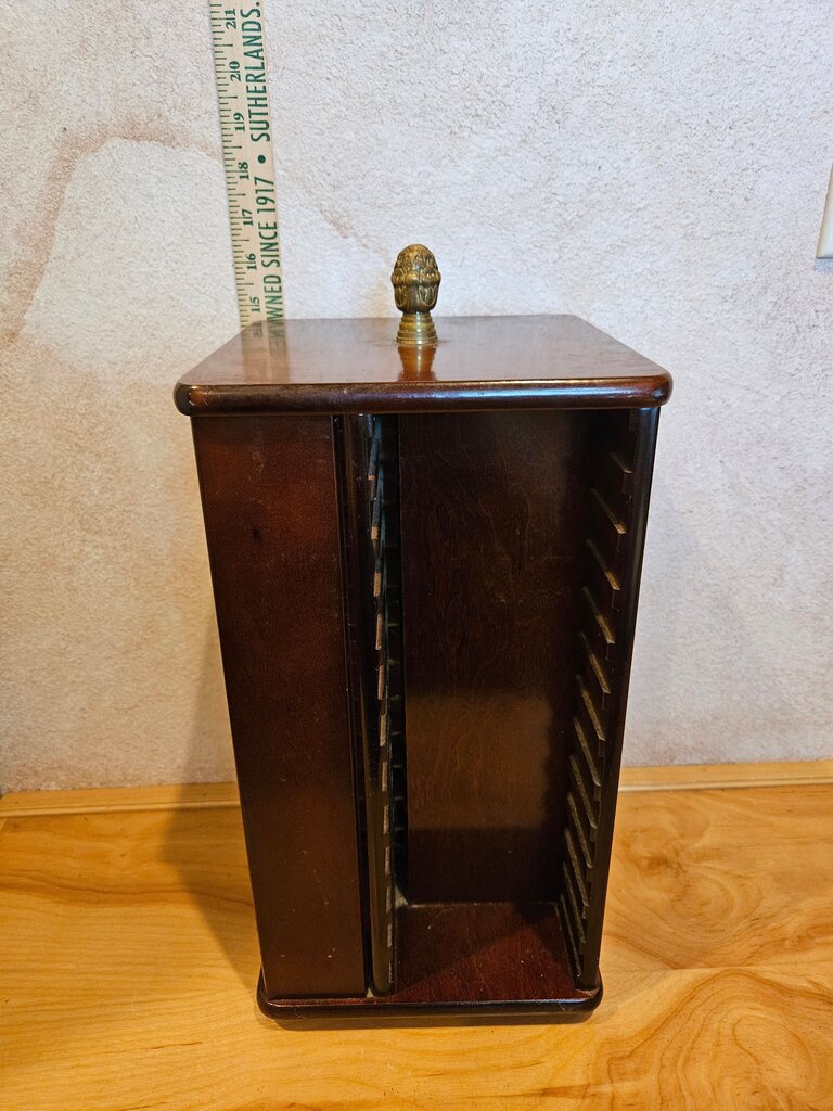 Vintage MCM Brass Carry Knob Bombay &Company Cherry Wood 64 Slot CD Holder Storage Rack Carousel