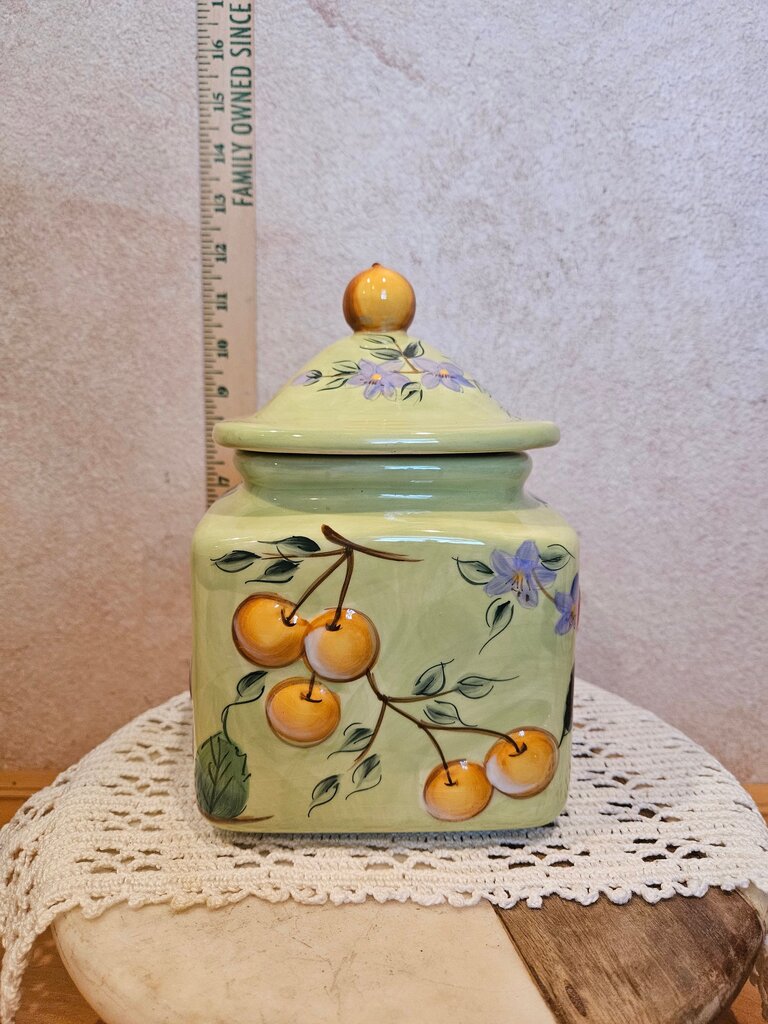 Gibson Claire Murray Fruit n’ Berries Ceramic Canister Decorative Green Ceramic Fruit & Flower Design