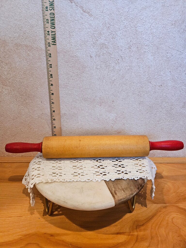 Vintage Wooden Rolling Pin Red Handles Primitive Farmhouse
